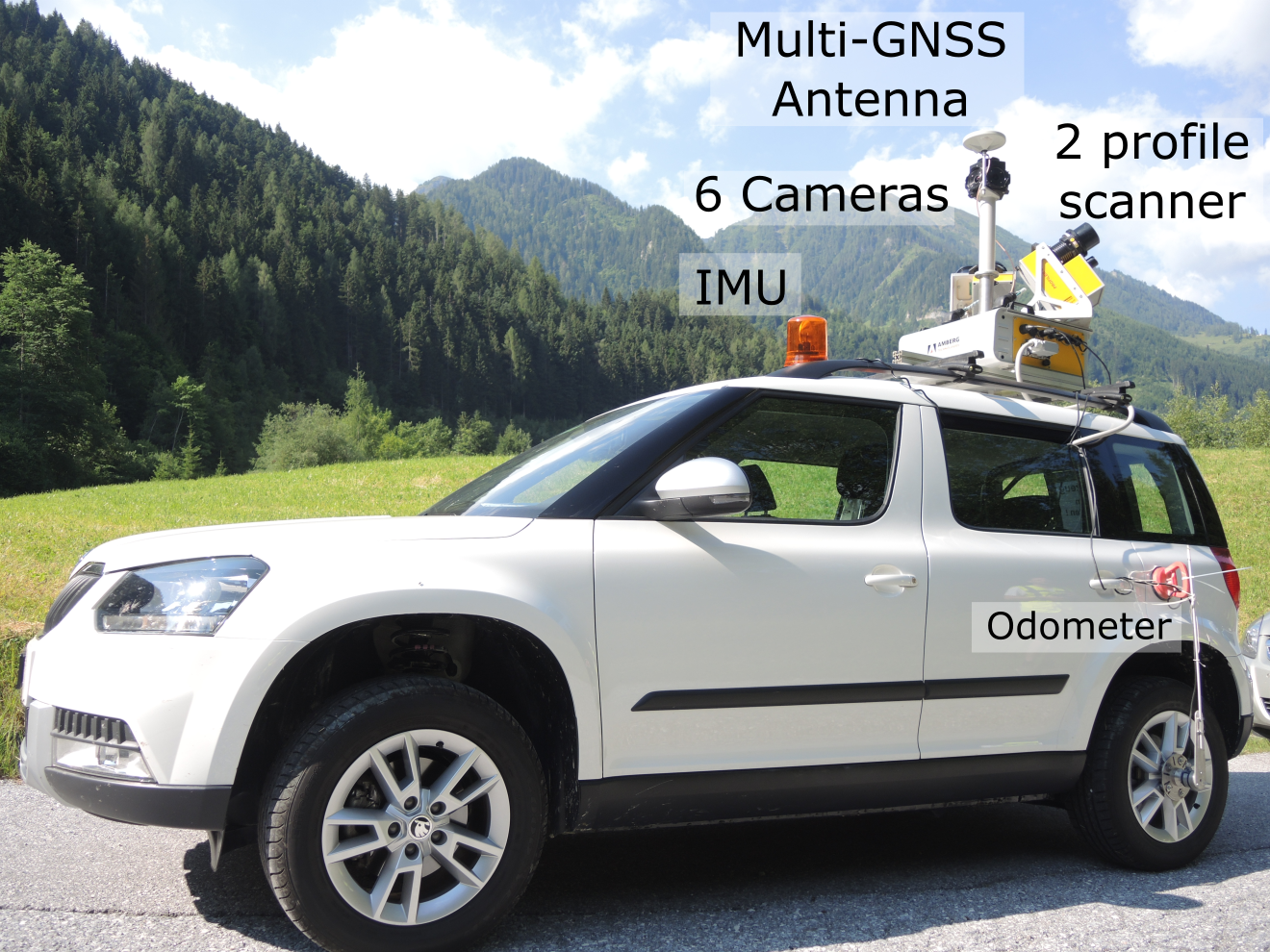 Messfahrzeug, das für die Bauwerkkontrolle mit Kameras und Scanner am Dach ausgestattet ist.