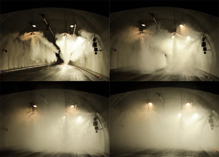 Sprühnebel breitet sich im Tunnel aus